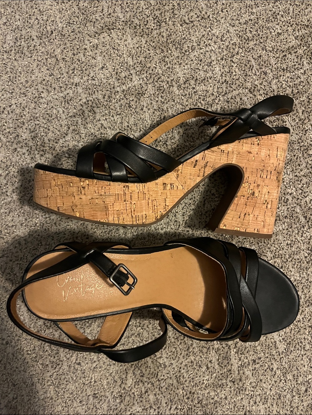Crown Vintage Black Leather Cork Platform Wedge Strappy Sandals